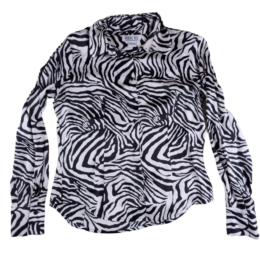 Vintage Robbie Bee 100% Silk Zebra Print Black &‎ White Blouse Size Small